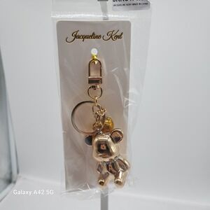 Jacqueline Kent Gold Bear Charm Keychain Rhinestone Crystal Sparkle Bag Accessor